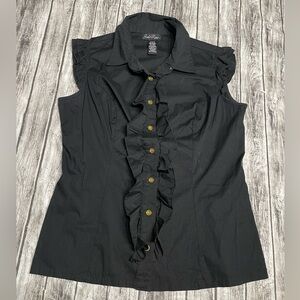 Ladies XL (15/17) Susie Rose Black Sleeveless Button Down Blouse with ruffle cen